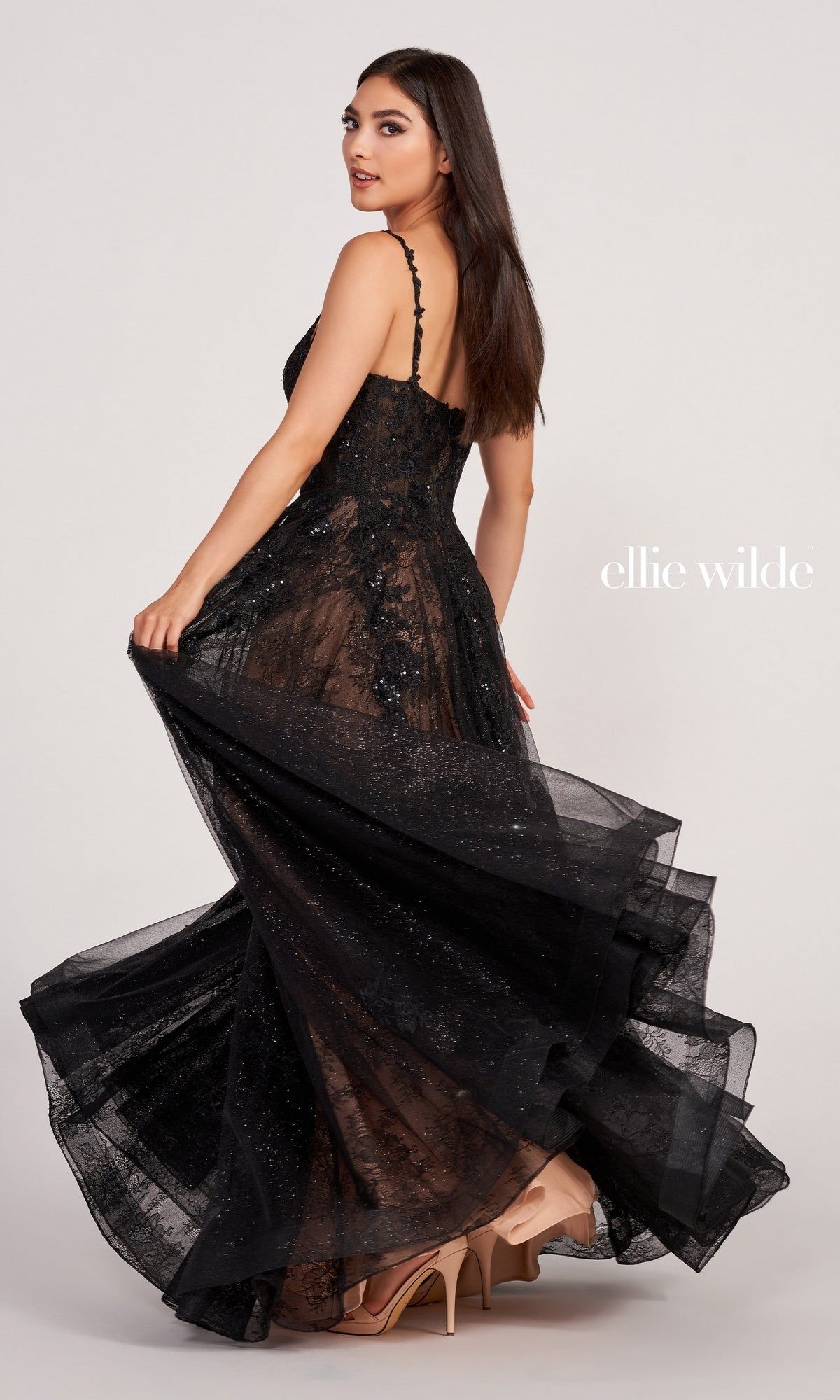 Glitter-Tulle Embroidered Ellie Wilde Prom Dress sold by PromGirl product image thumbnail 2