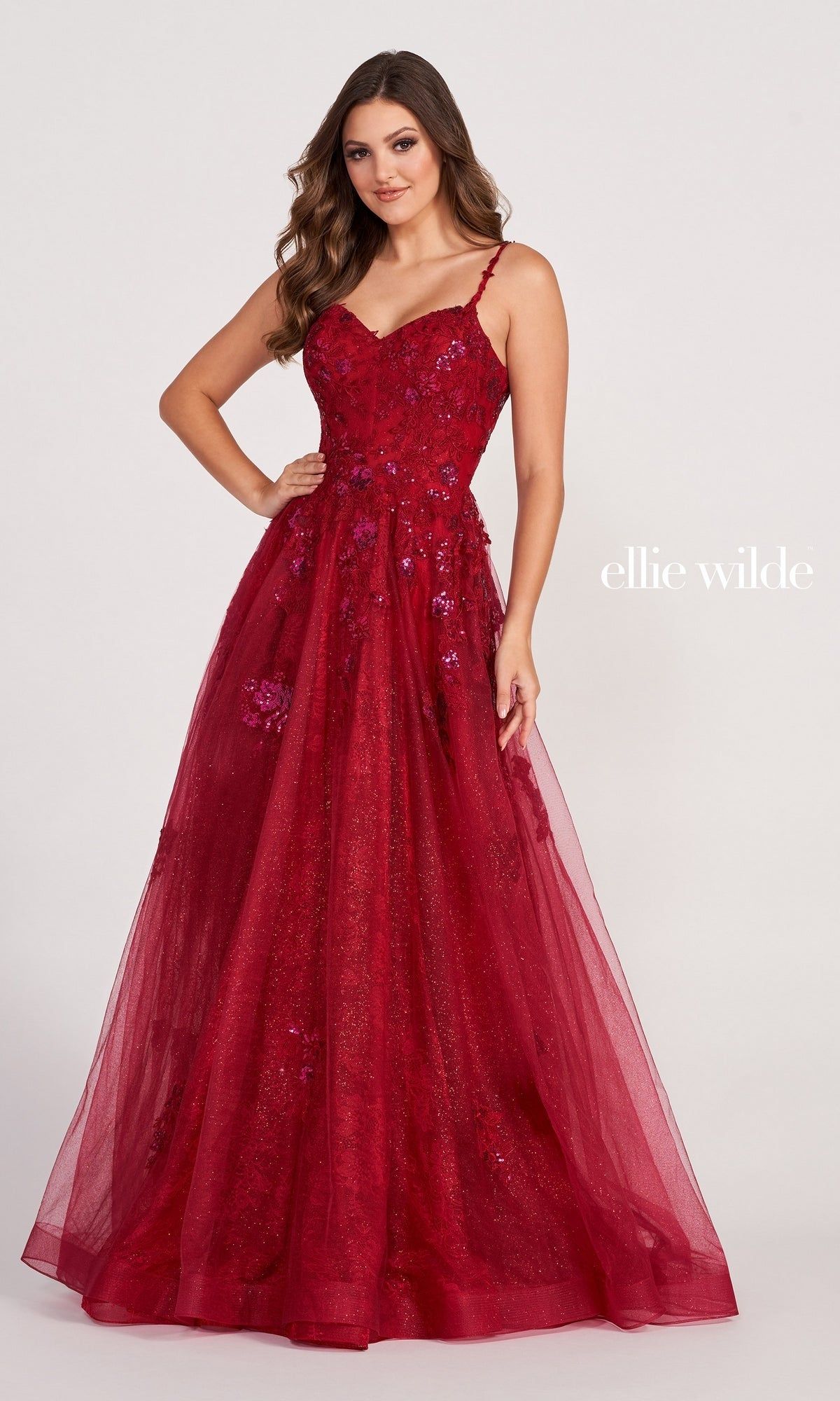 Glitter-Tulle Embroidered Ellie Wilde Prom Dress sold by PromGirl product image thumbnail 4