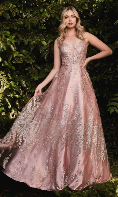 Rose Gold Long Glitter-Print Prom Ball Gown J819 sold by PromGirl