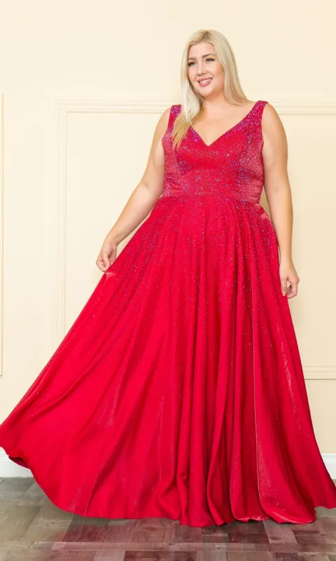Embellished Plus-Size Long V-Neck Prom Dress W1110 sold by PromGirl