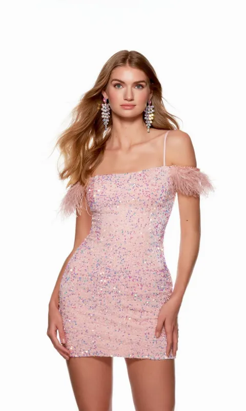 Feather-Trim Short Sequin Homecoming Dress 4759 sold by PromGirl
