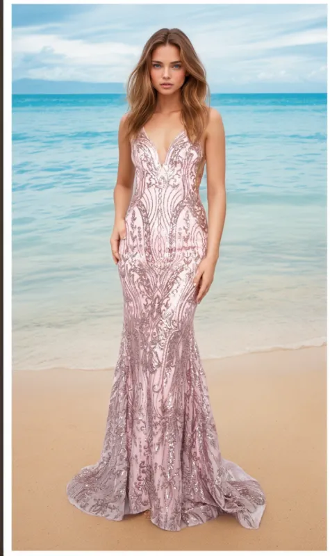 Long Sequin-Print Prom Dress: Ava Presley 39204 sold by PromGirl