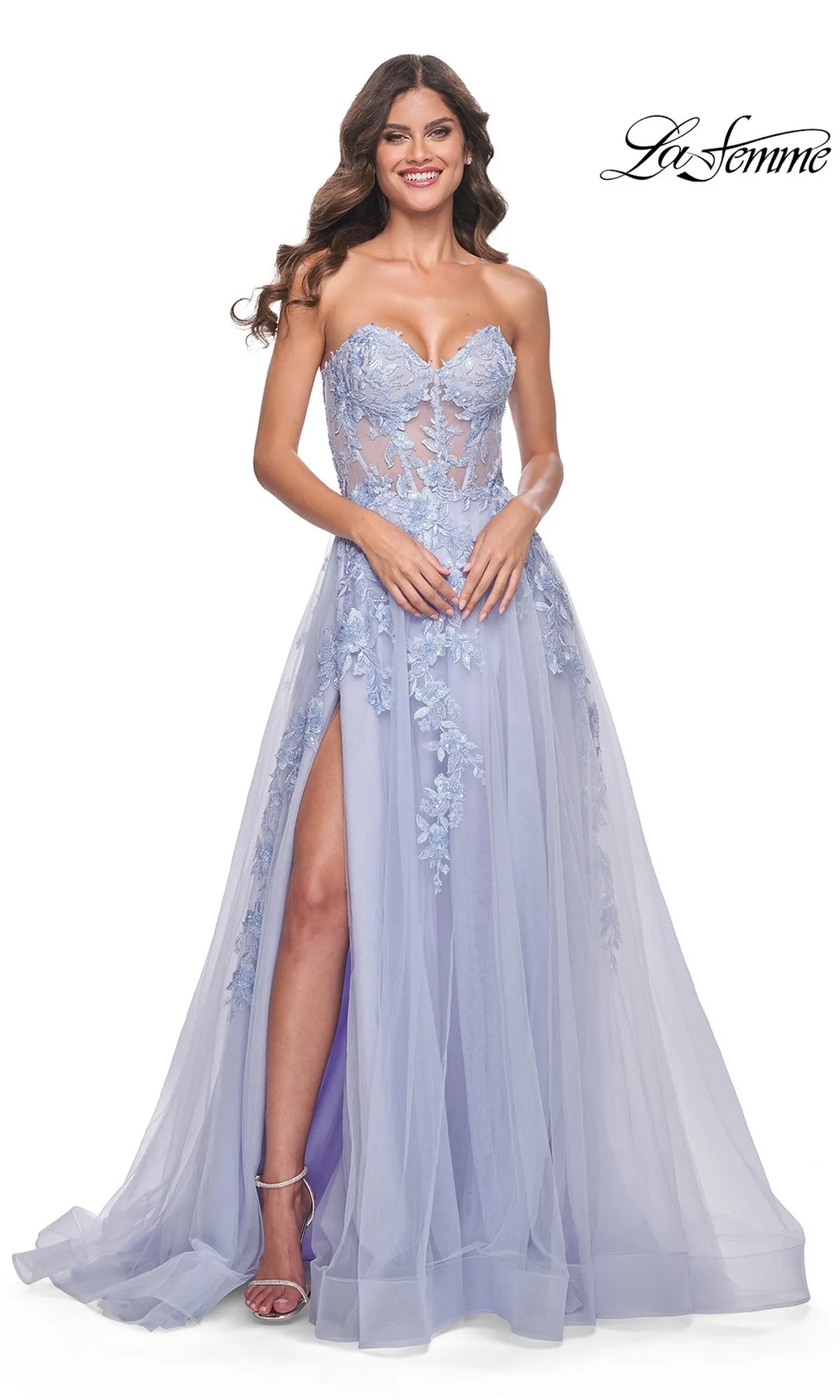 La Femme Strapless Long A-Line Corset Prom Dress 32082 sold by PromGirl