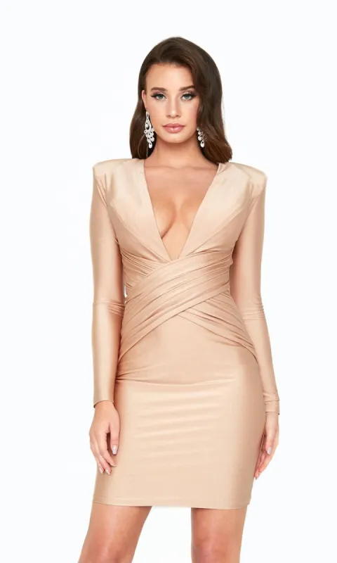Atria Long Sleeve Deep V-Neck Cocktail Dress 6535S sold by PromGirl
