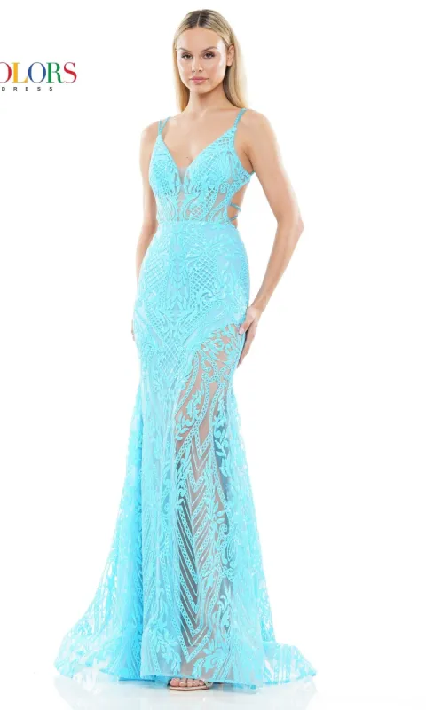 Open-Back Long Sequin-Print Prom Dress 3117 sold by PromGirl