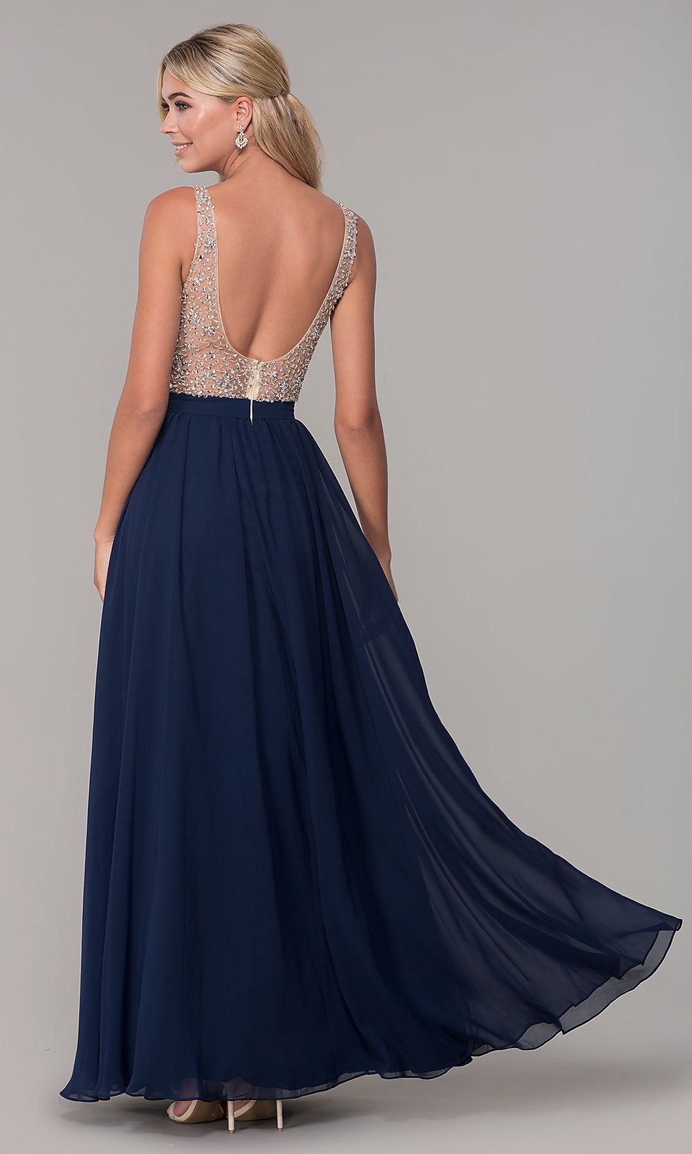 Long Illusion-Beaded-Bodice V-Neck Prom Dress sold by PromGirl product image thumbnail 5