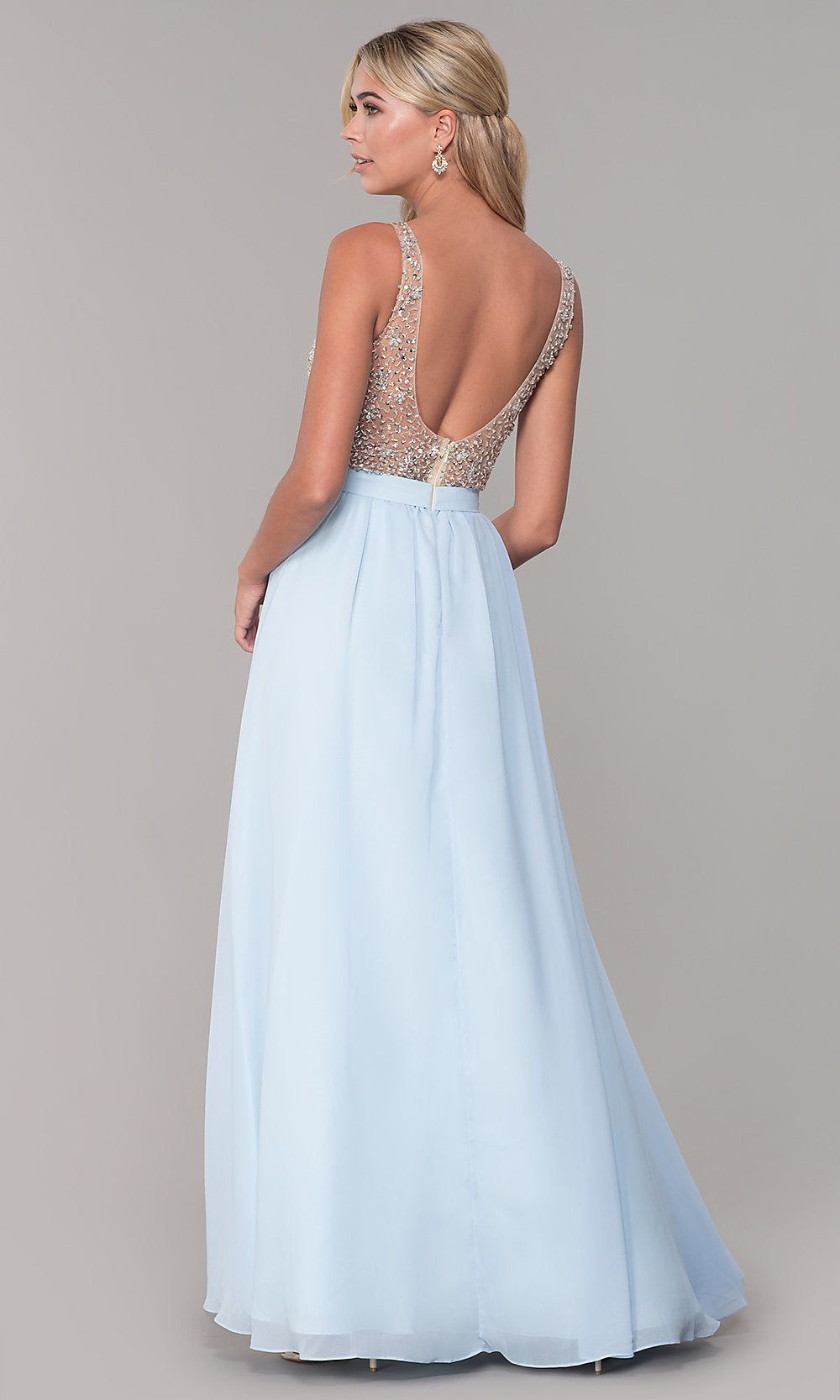 Long Illusion-Beaded-Bodice V-Neck Prom Dress sold by PromGirl product image thumbnail 2