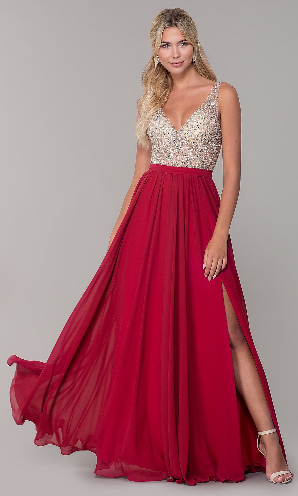 Long Illusion-Beaded-Bodice V-Neck Prom Dress sold by PromGirl product image thumbnail 4
