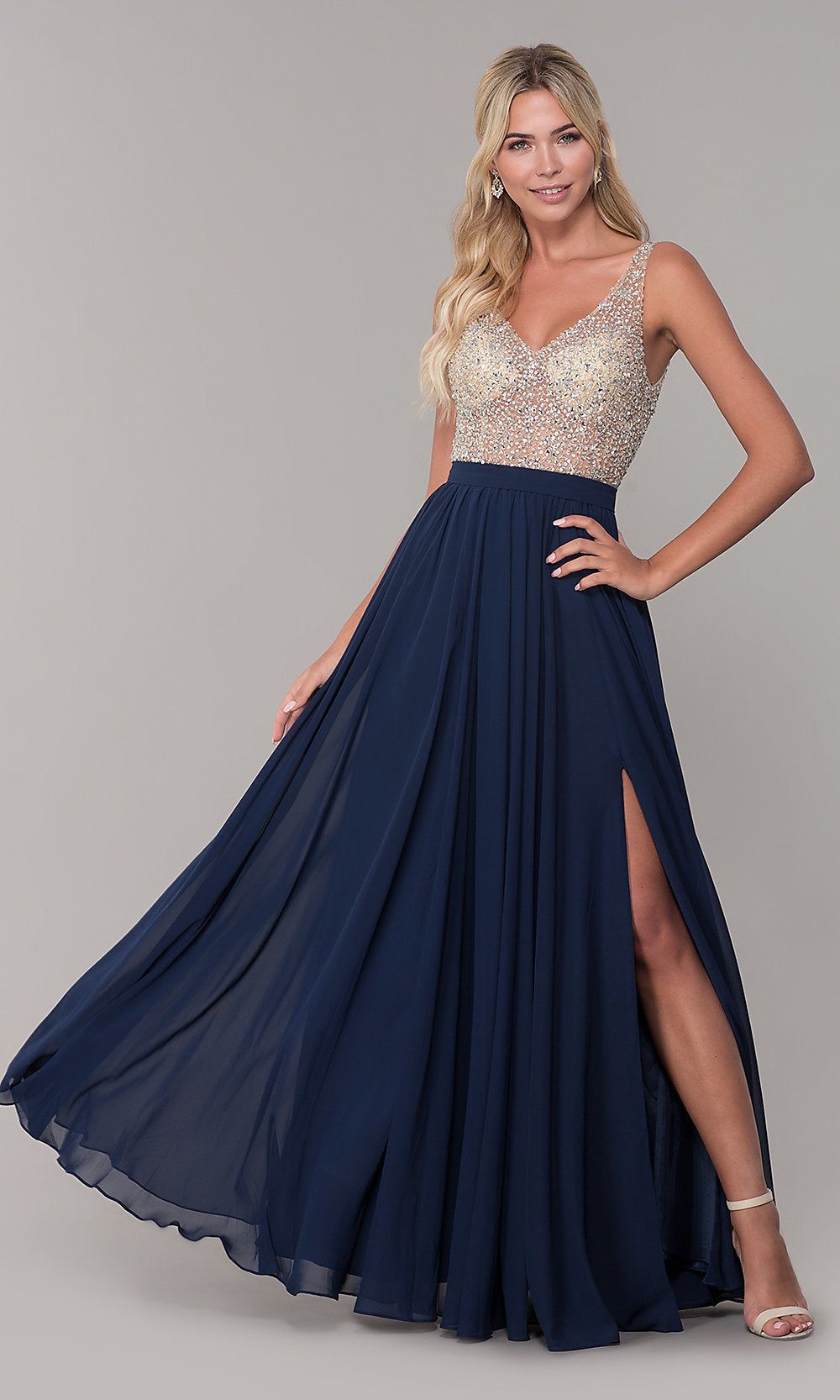 Long Illusion-Beaded-Bodice V-Neck Prom Dress sold by PromGirl product image thumbnail 3