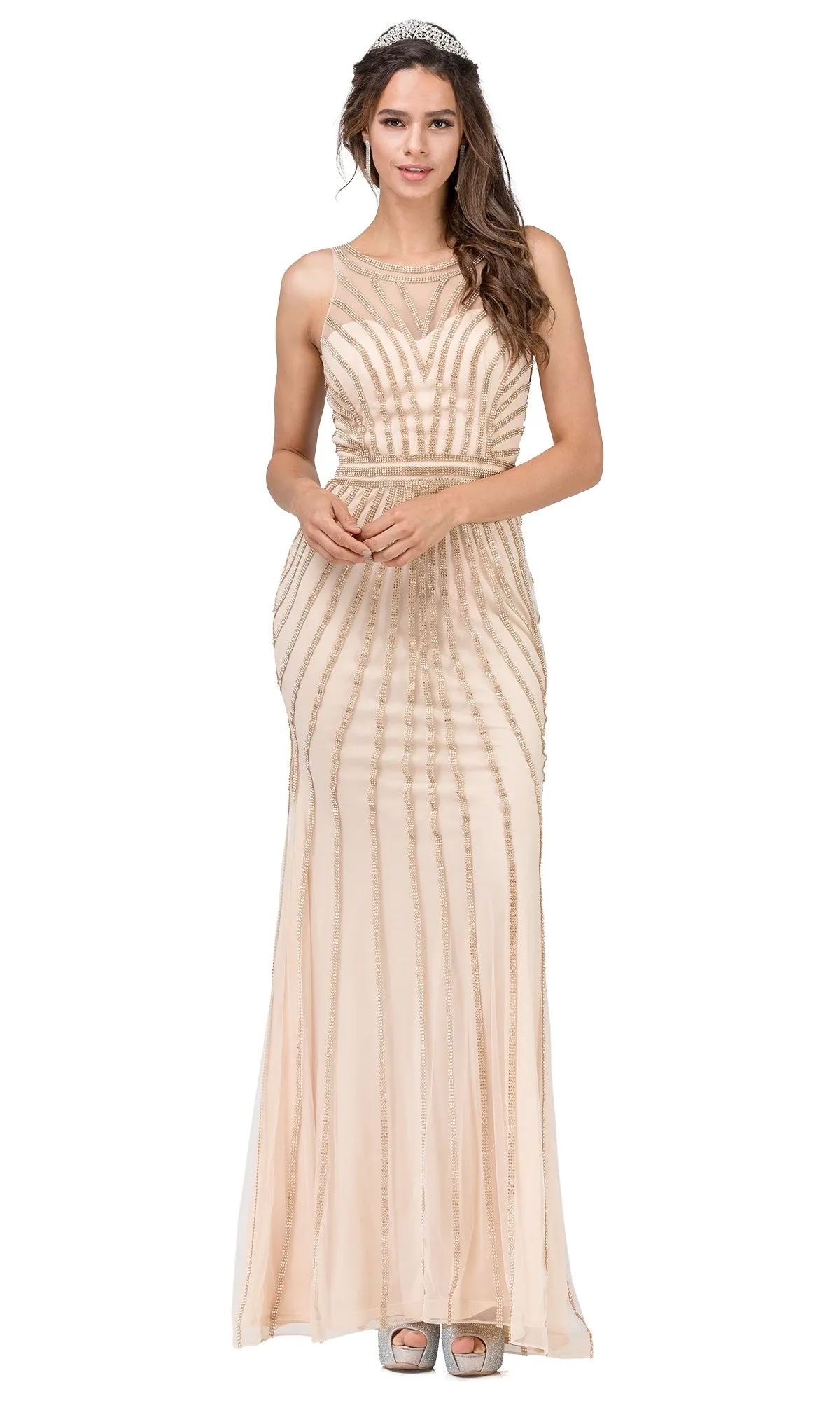 Sheer-Back Long Prom Dress with Beaded Stripes sold by PromGirl