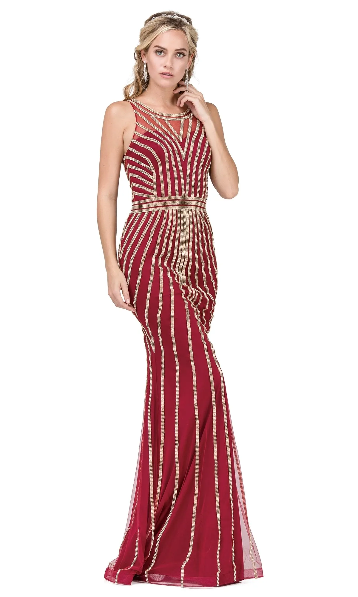 Sheer-Back Long Prom Dress with Beaded Stripes sold by PromGirl product image thumbnail 3