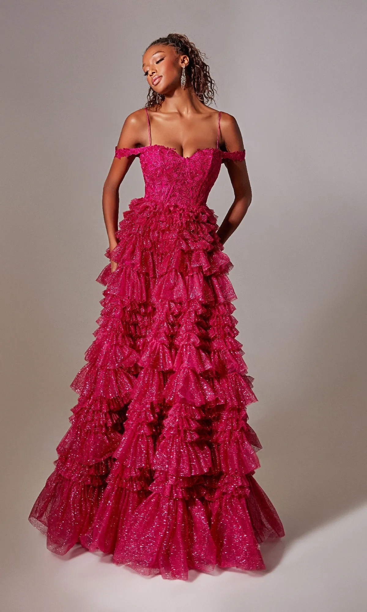 Raspberry Pink Long Glitter Prom Dress with Ruffles sold by PromGirl product image thumbnail 5