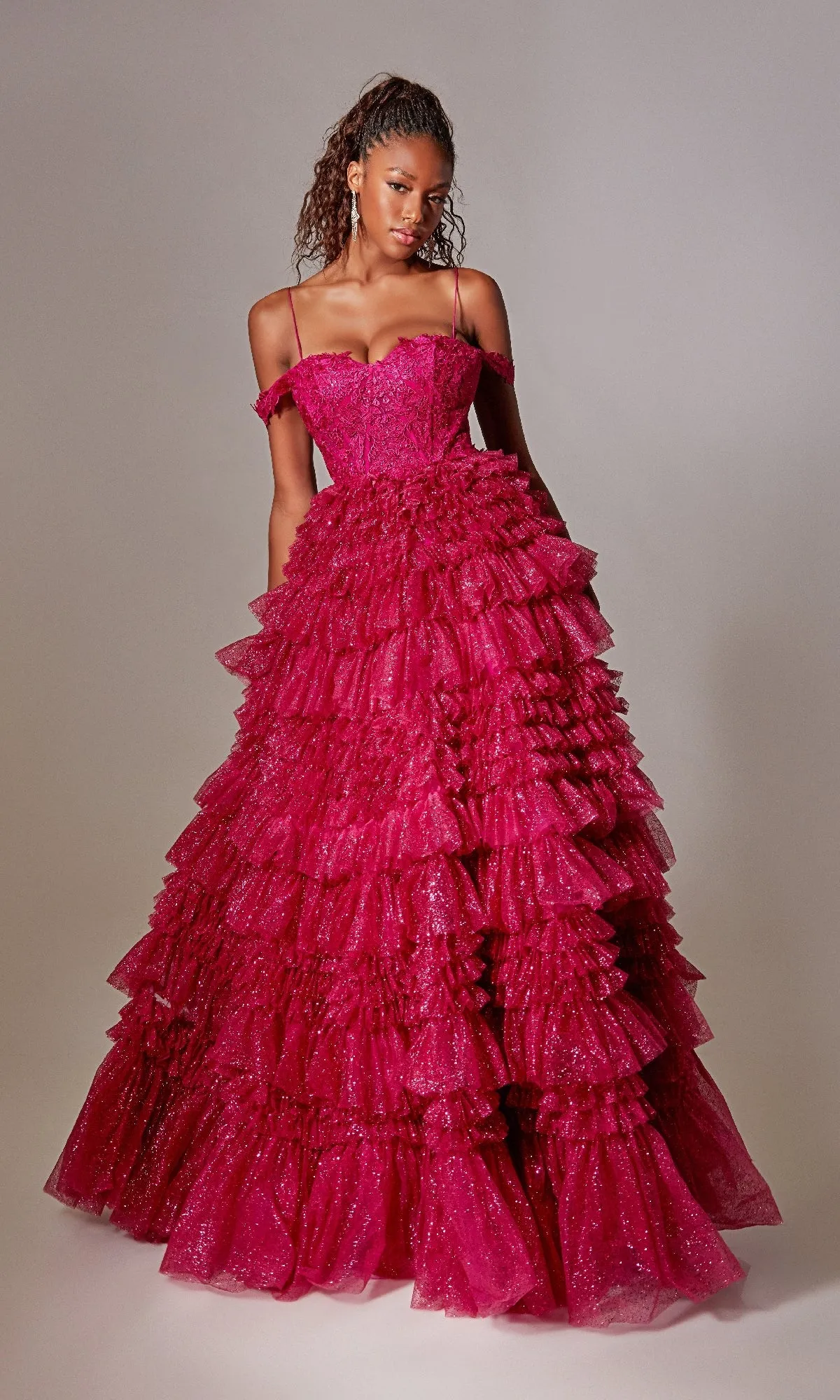 Raspberry Pink Long Glitter Prom Dress with Ruffles sold by PromGirl