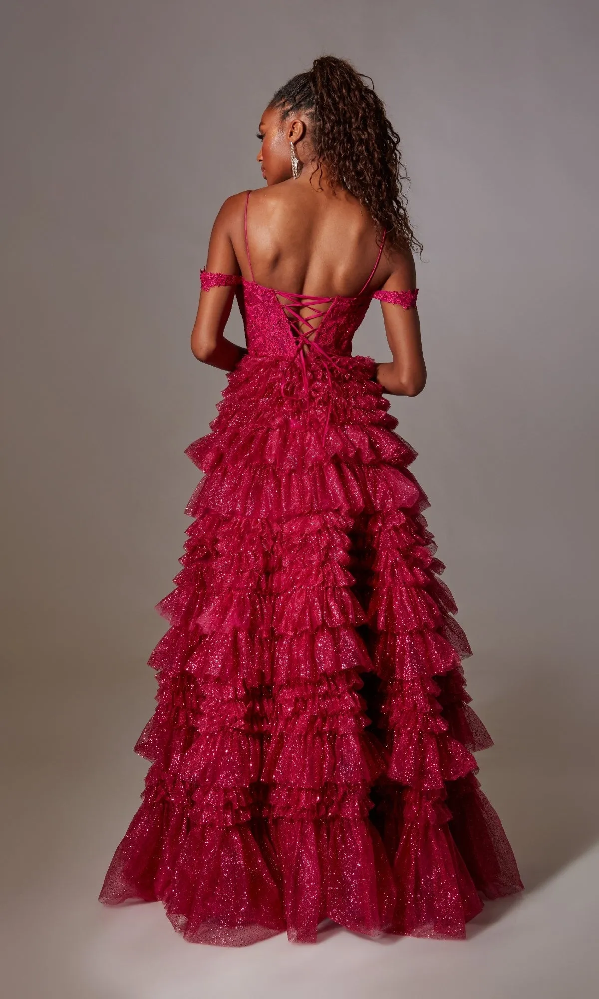 Raspberry Pink Long Glitter Prom Dress with Ruffles sold by PromGirl product image thumbnail 2