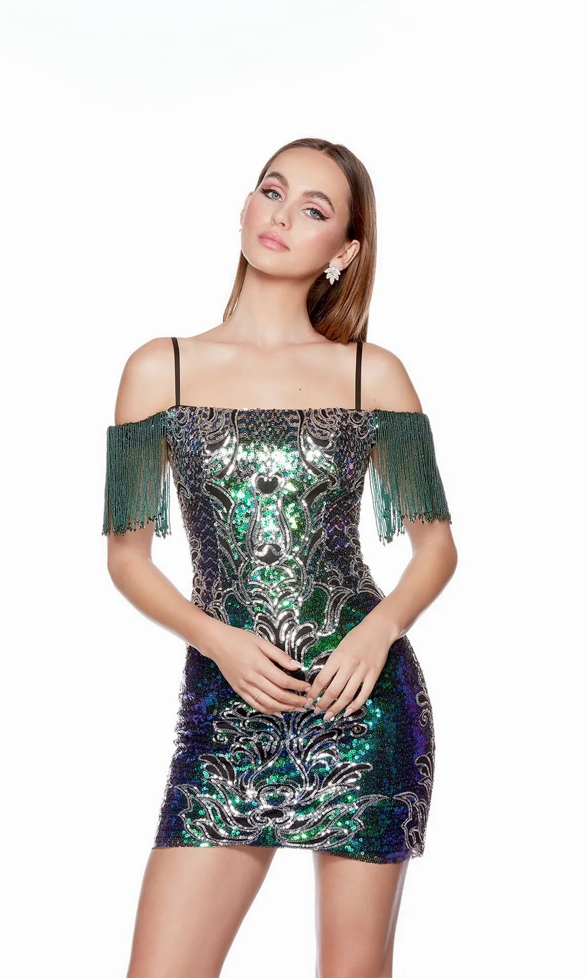 Fringed Off-Shoulder Sequin Homecoming Dress 4636 sold by PromGirl product image thumbnail 3