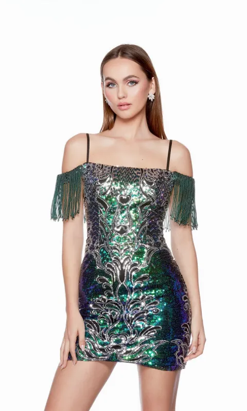 Fringed Off-Shoulder Sequin Homecoming Dress 4636 sold by PromGirl