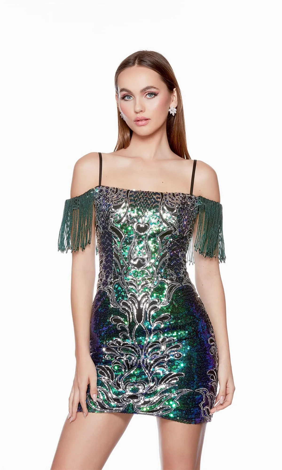 Fringed Off-Shoulder Sequin Homecoming Dress 4636 sold by PromGirl