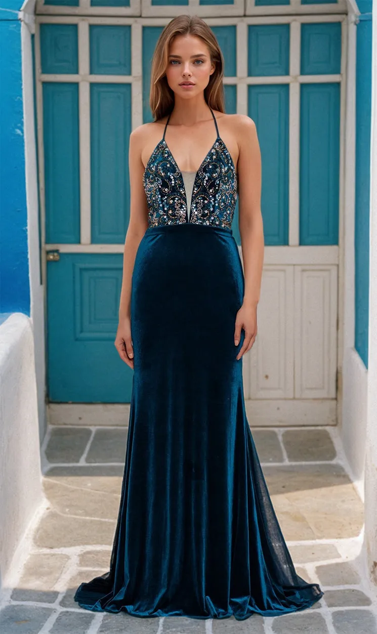 Betsy and Adam V-Neck Long Halter Prom Dress A25172 | Parallel