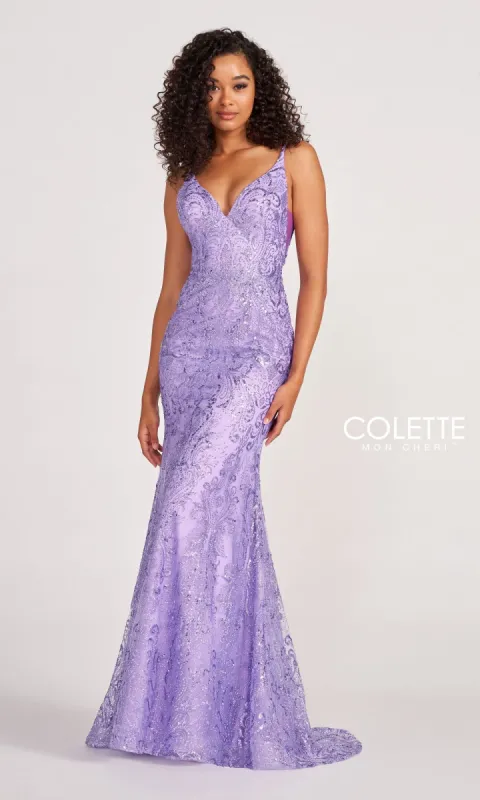 Colette CL2019 Long Prom Dress in Glitter-Sequin sold by PromGirl