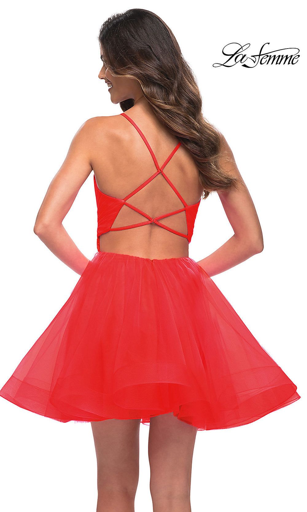 Strappy-Back Short Fit-and-Flare Homecoming Dress sold by PromGirl product image thumbnail 2