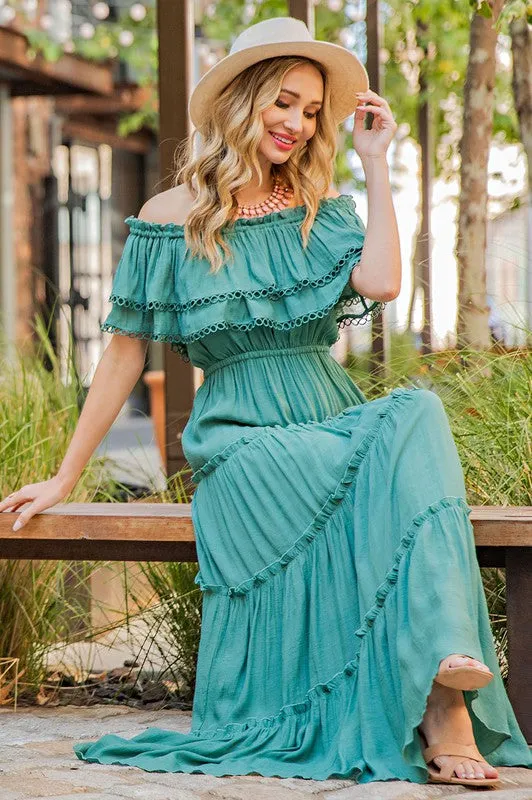 Off-the-Shoulder Tiered Long Casual Maxi Dress sold by PromGirl