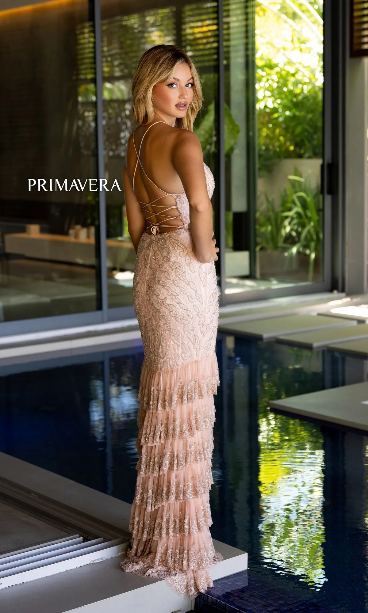 Primavera Long Beaded Ruffled Prom Dress 4122 sold by PromGirl product image thumbnail 5