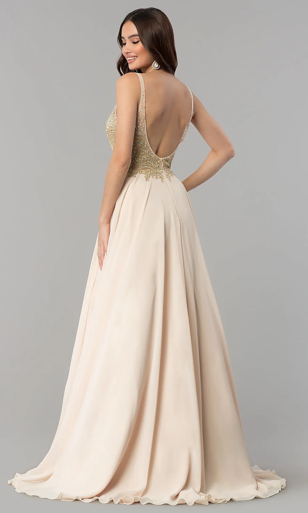Long A-Line Chiffon Prom Dress with Beaded Bodice sold by PromGirl product image thumbnail 2