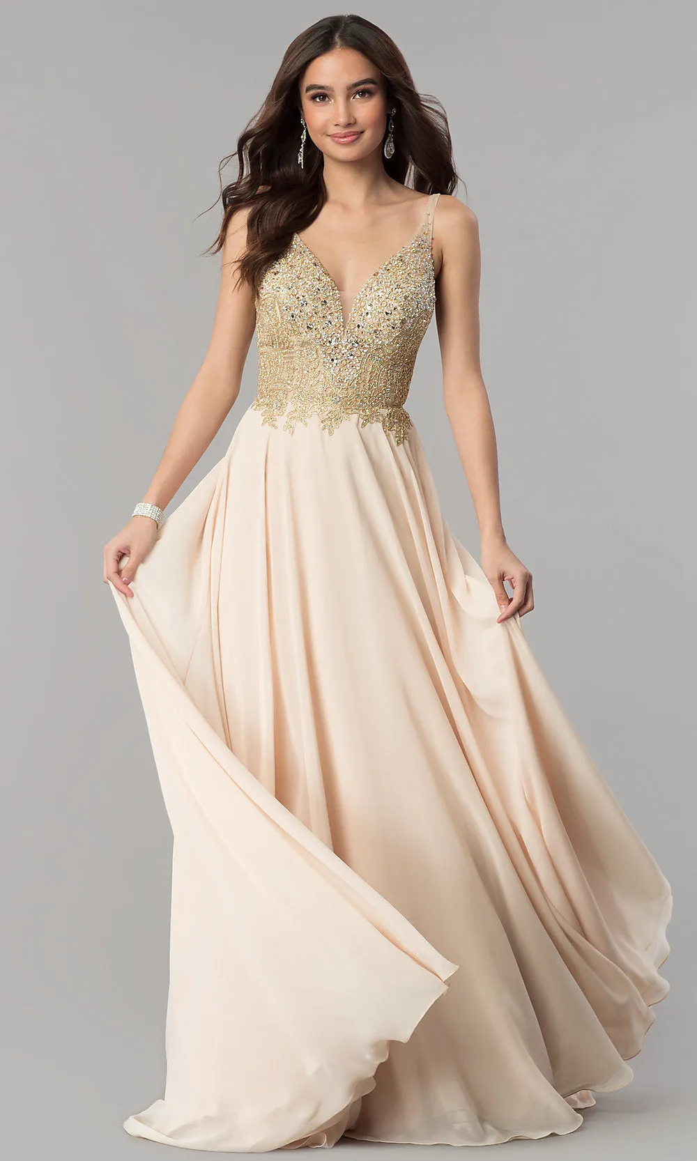 Long A-Line Chiffon Prom Dress with Beaded Bodice sold by PromGirl