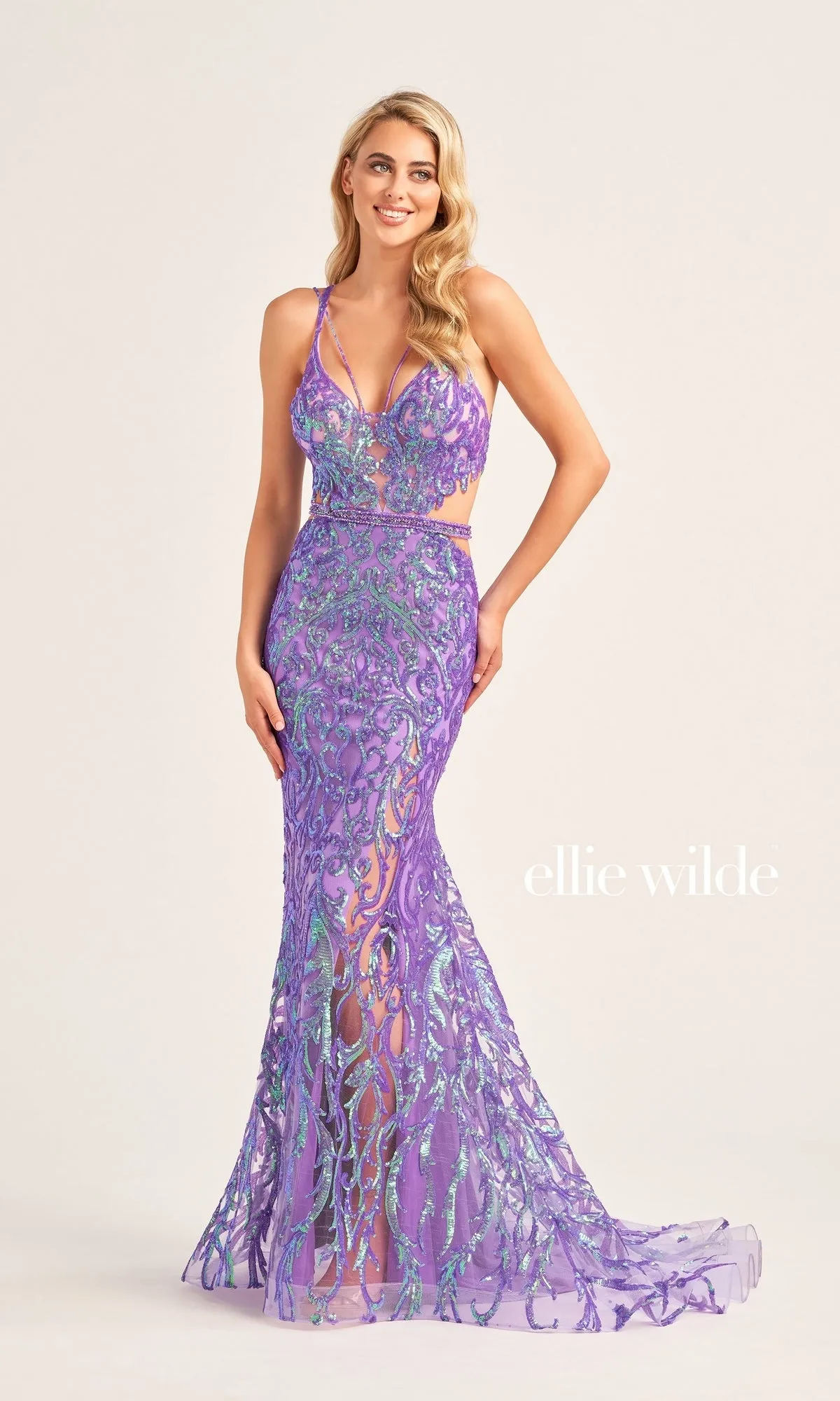 Ellie Wilde Cut-Out Long Sequin Prom Dress EW35007 sold by PromGirl