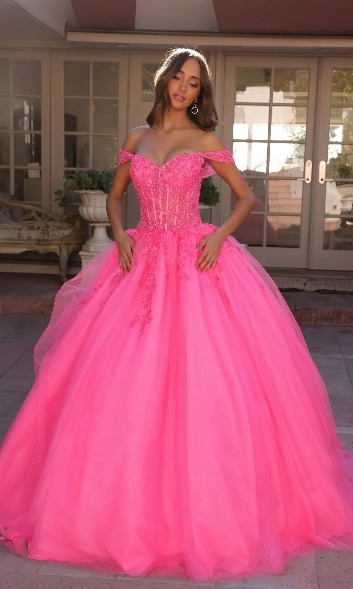Bright Off-the-Shoulder Long Prom Ball Gown H1349 sold by PromGirl