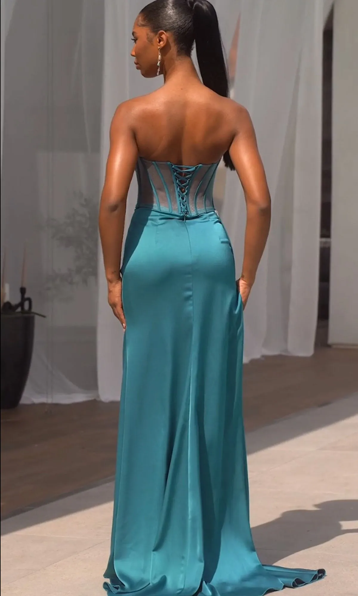 Sheer Corset Long Satin Prom Dress: Ladivine CD343 sold by PromGirl product image thumbnail 2