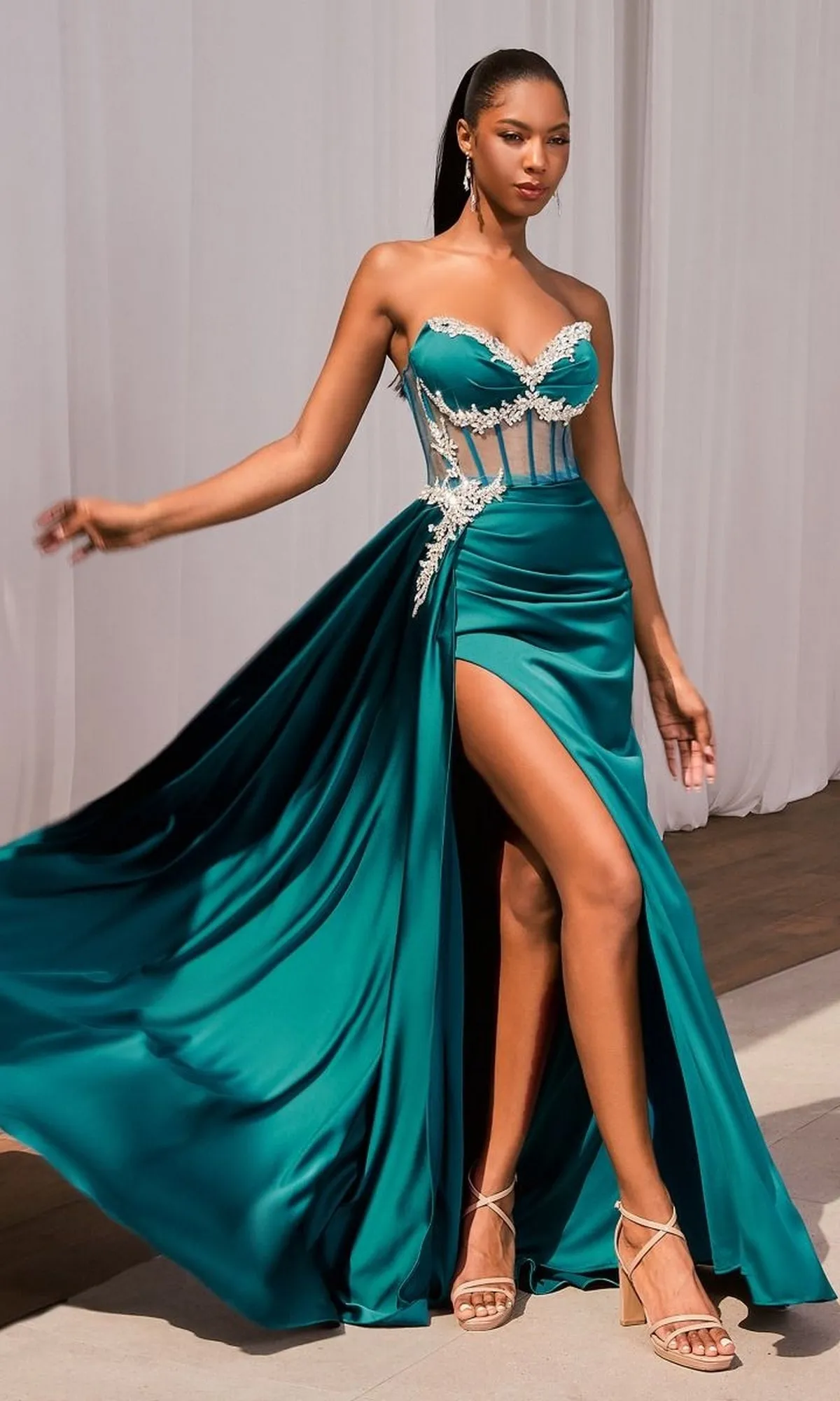 Sheer Corset Long Satin Prom Dress: Ladivine CD343 sold by PromGirl