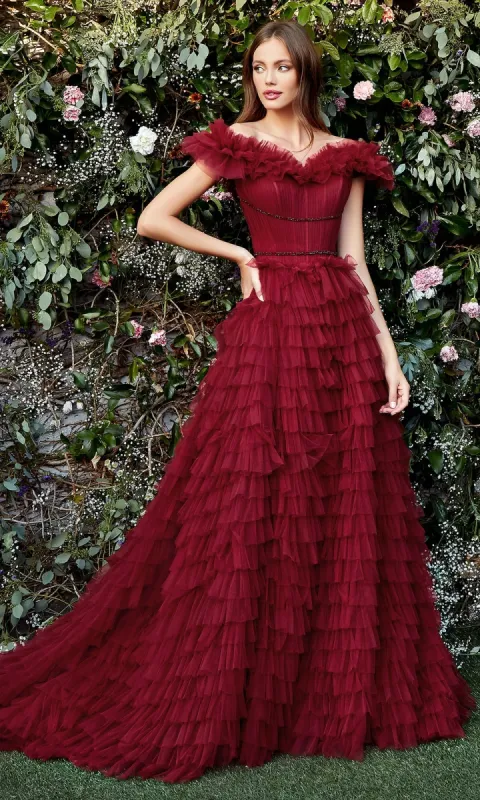 Off-the-Shoulder Long Ruffled Ball Gown A1032 sold by PromGirl