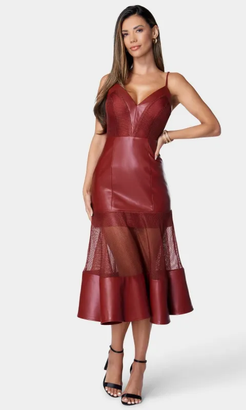 Wine Red Tea-Length Homecoming Dress in Vegan Leather sold by PromGirl