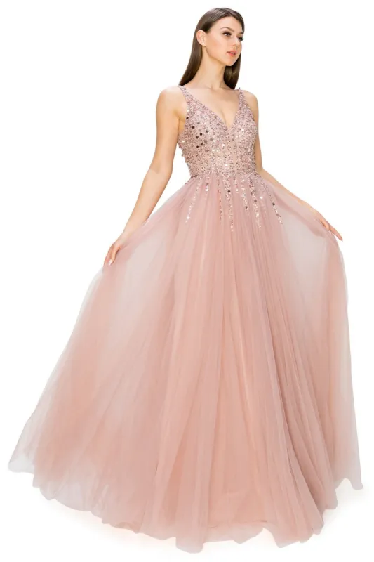 Long Tulle Prom Ball Gown with Sequins 8034J sold by PromGirl