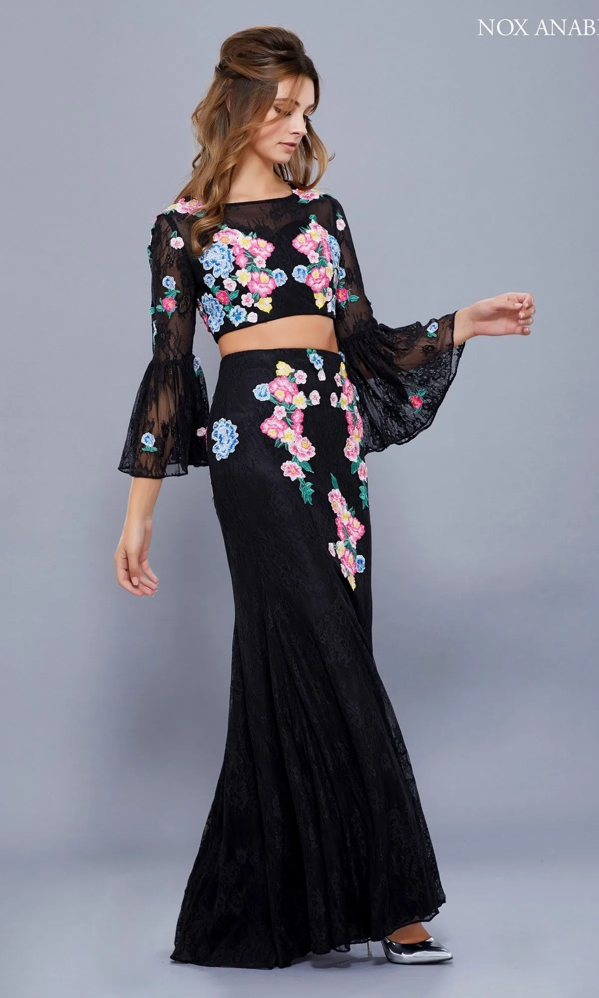 Two Piece Prom Dress With Bell Sleeves sold by PromGirl