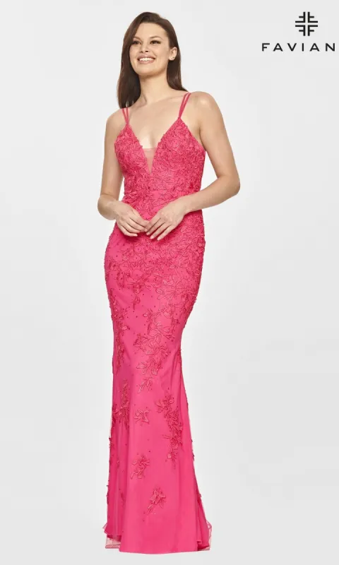Faviana S10813 Long Lace Hot Pink Prom Dress sold by PromGirl