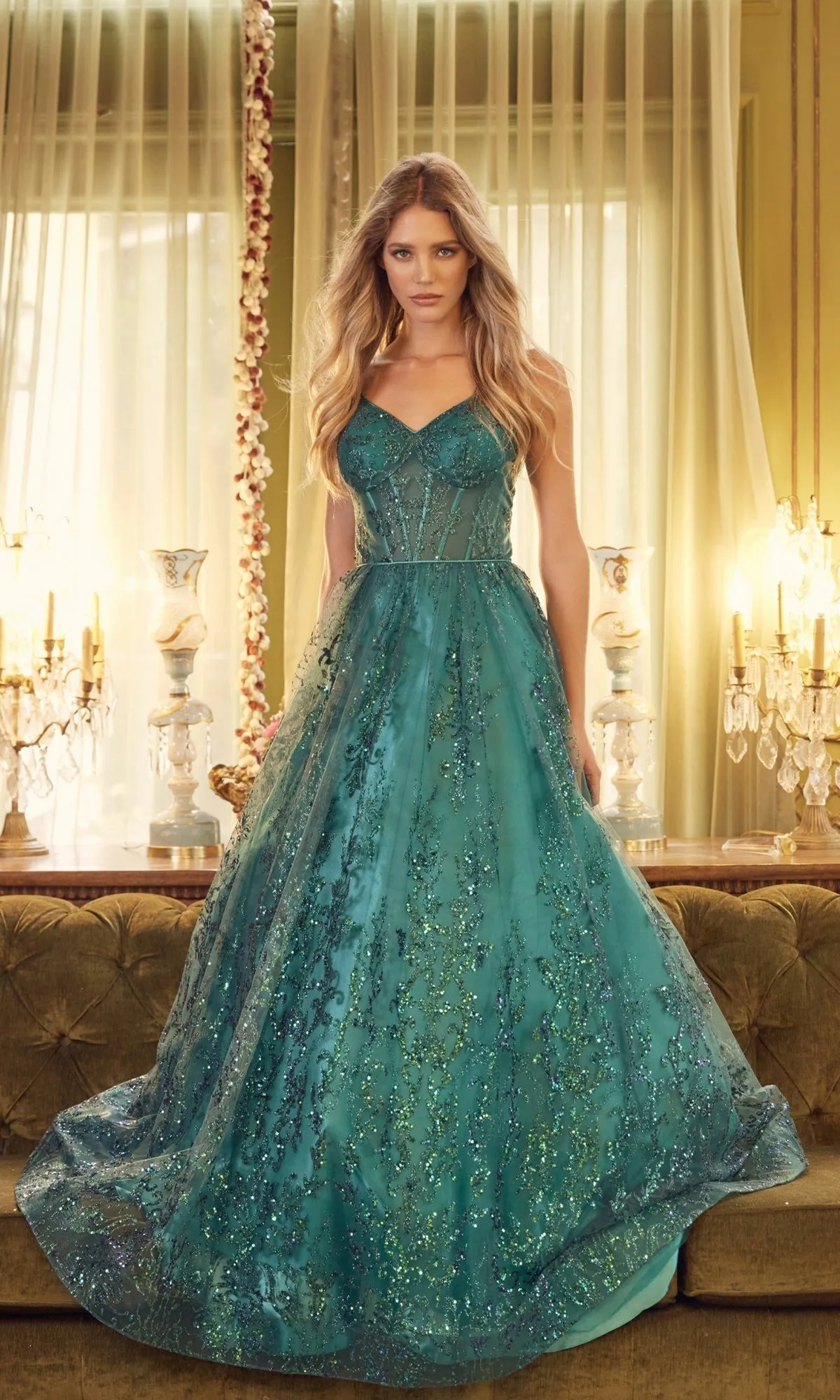 Sheer-Waist Long Glitter-Print Prom Ball Gown 2414 sold by PromGirl product image thumbnail 4