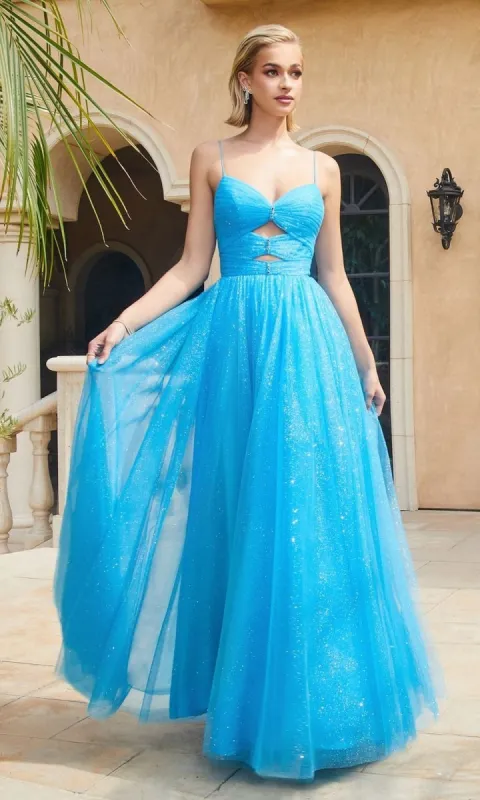Long Blue Glitter Cut-Out Prom Dress CR871 sold by PromGirl