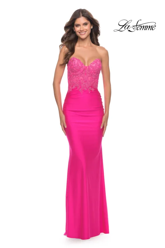 La Femme Strapless Neon Pink Prom Dress with Lace made by La Femme