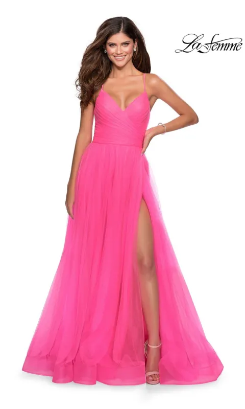 La Femme Long Open-Back Prom Ball Gown sold by PromGirl