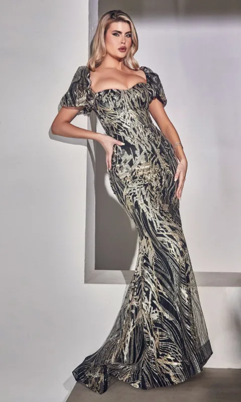 Glitter-Print Puff-Sleeve Long Prom Dress J833 sold by PromGirl