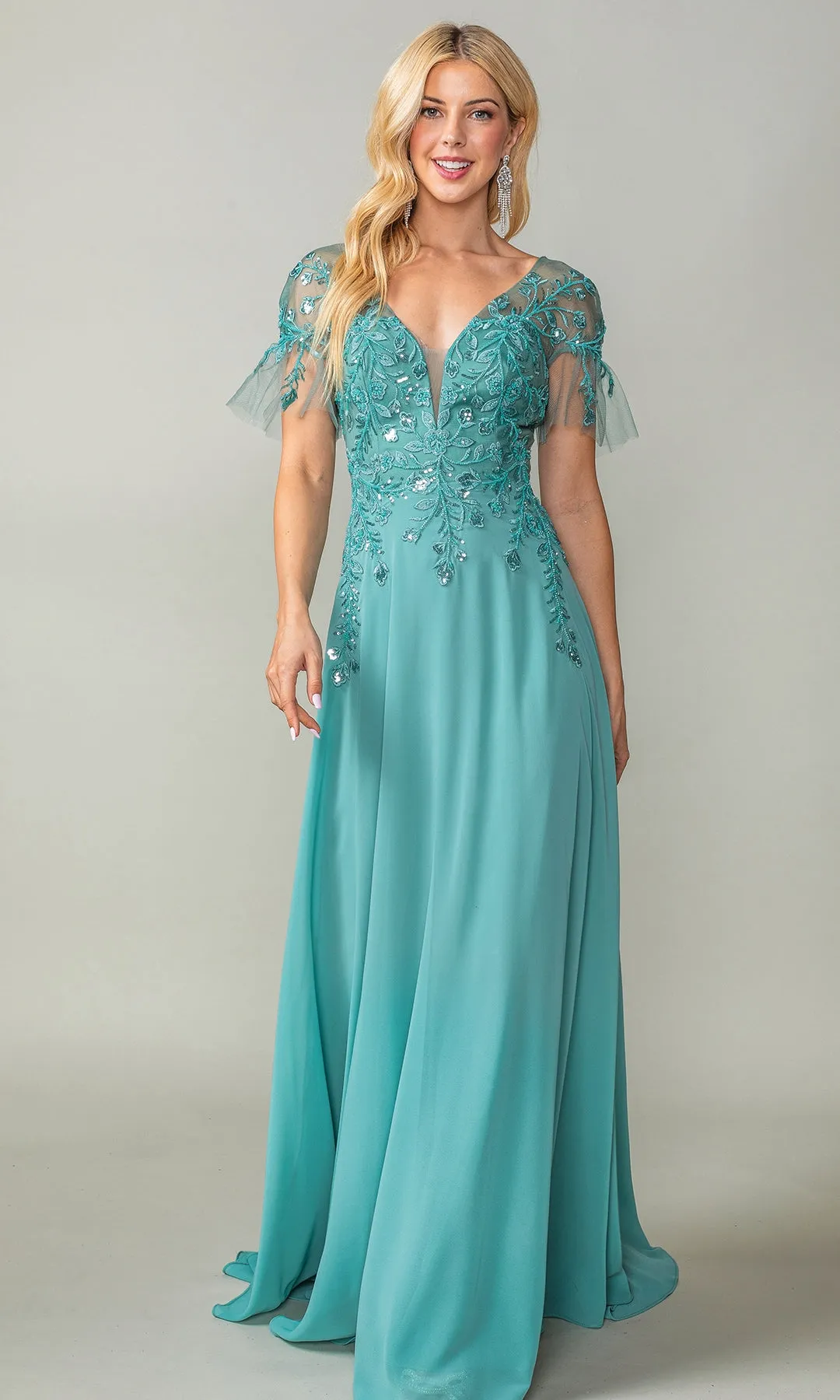Sheer Short-Sleeve Prom Dress: Dancing Queen 4378 sold by PromGirl