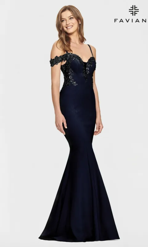 Faviana Cold-Shoulder Navy Blue Prom Dress S10866 sold by PromGirl