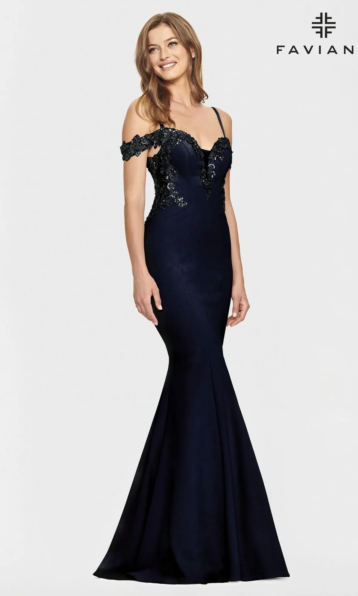 Faviana Cold-Shoulder Navy Blue Prom Dress S10866 sold by PromGirl