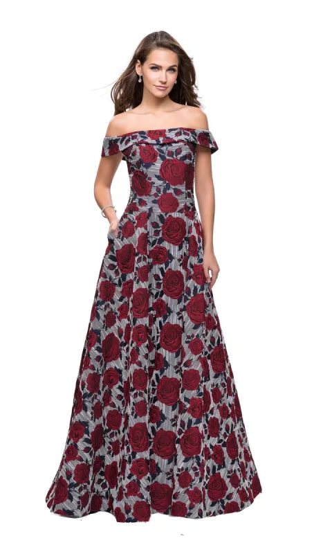 La Femme 25790 Rose-Print Prom Dress sold by PromGirl