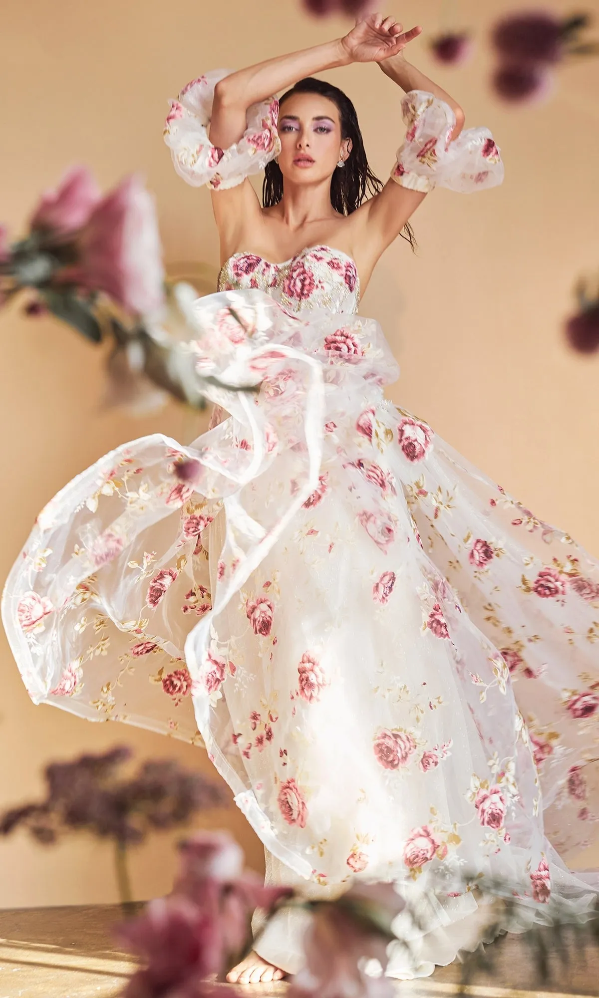 Puff-Sleeve Strapless Floral-Print Ball Gown A1133 sold by PromGirl product image thumbnail 3