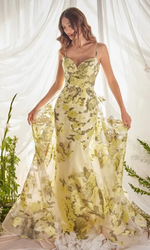 Lemon Yellow Floral-Print Long Prom Dress A0770 sold by PromGirl