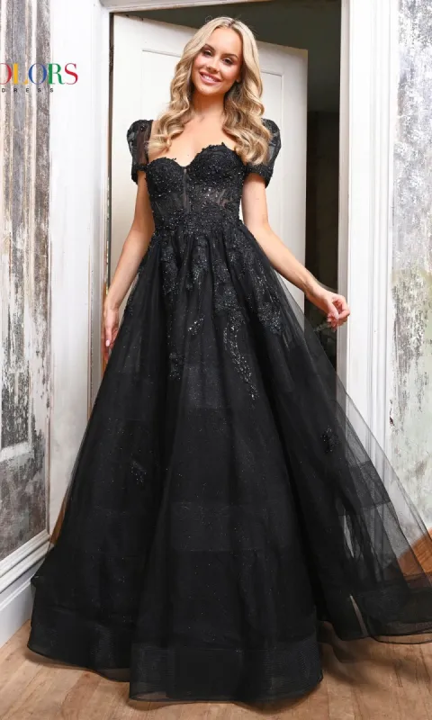 Puff-Sleeve Strapless Long Glitter Prom Dress 3179 sold by PromGirl