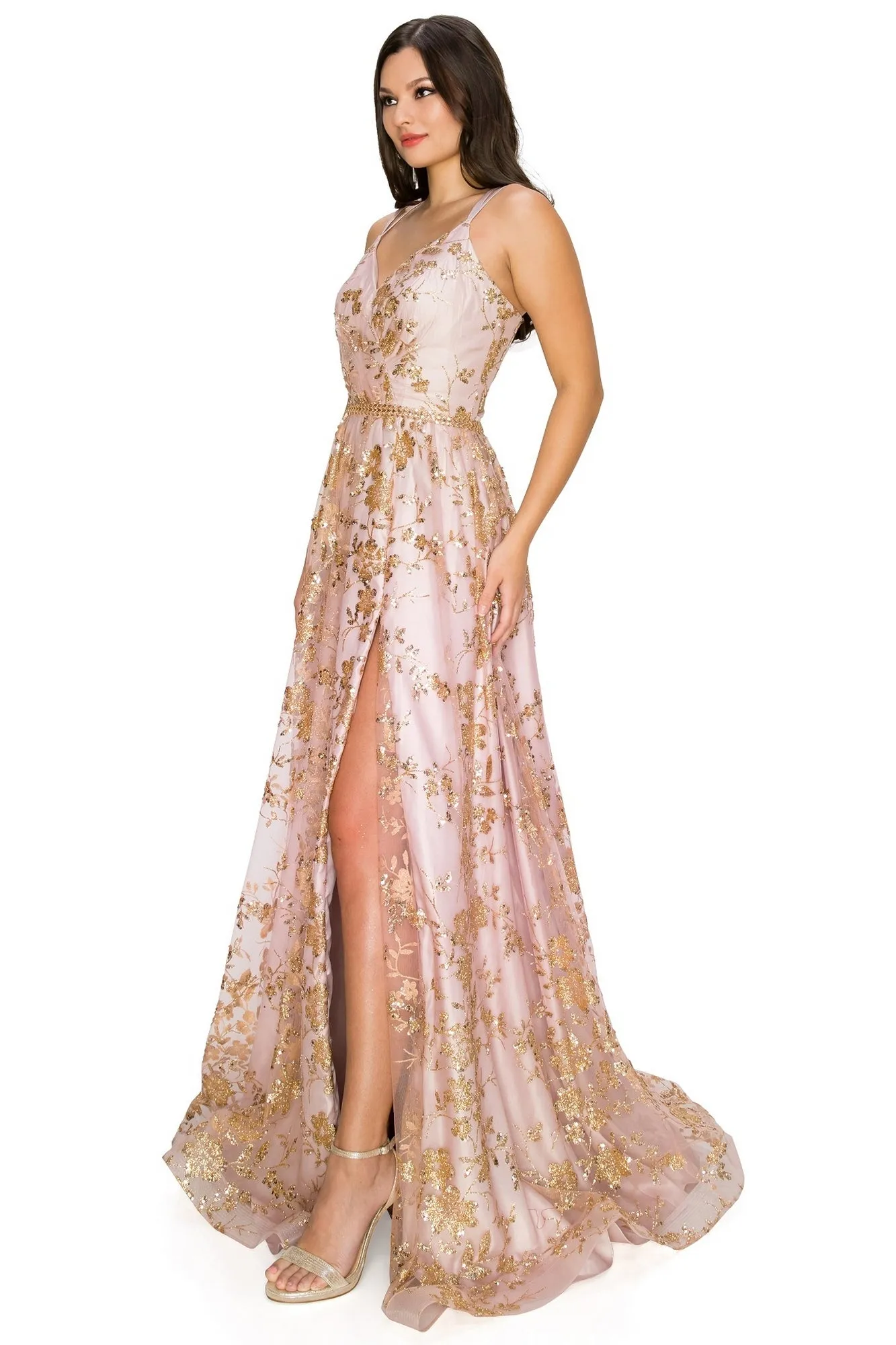 Floral-Glitter Long A-Line Formal Prom Dress 8022J sold by PromGirl product image thumbnail 5